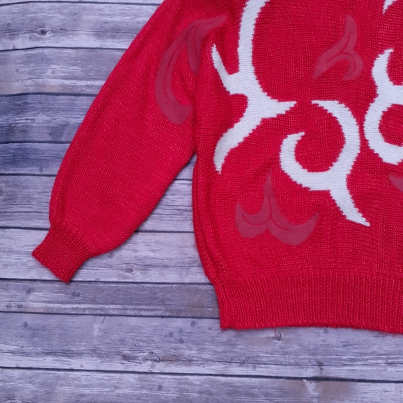 Firery flames red white suede knit vintage sweater - Picture 4 of 9
